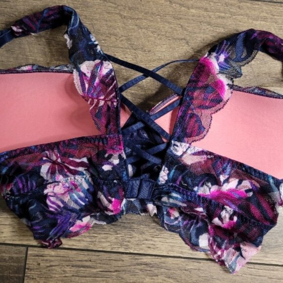 2 for $20VS PINK Multicolored Floral and Lace Bralette with Criss Cross Back (S) - Picture 6 of 8